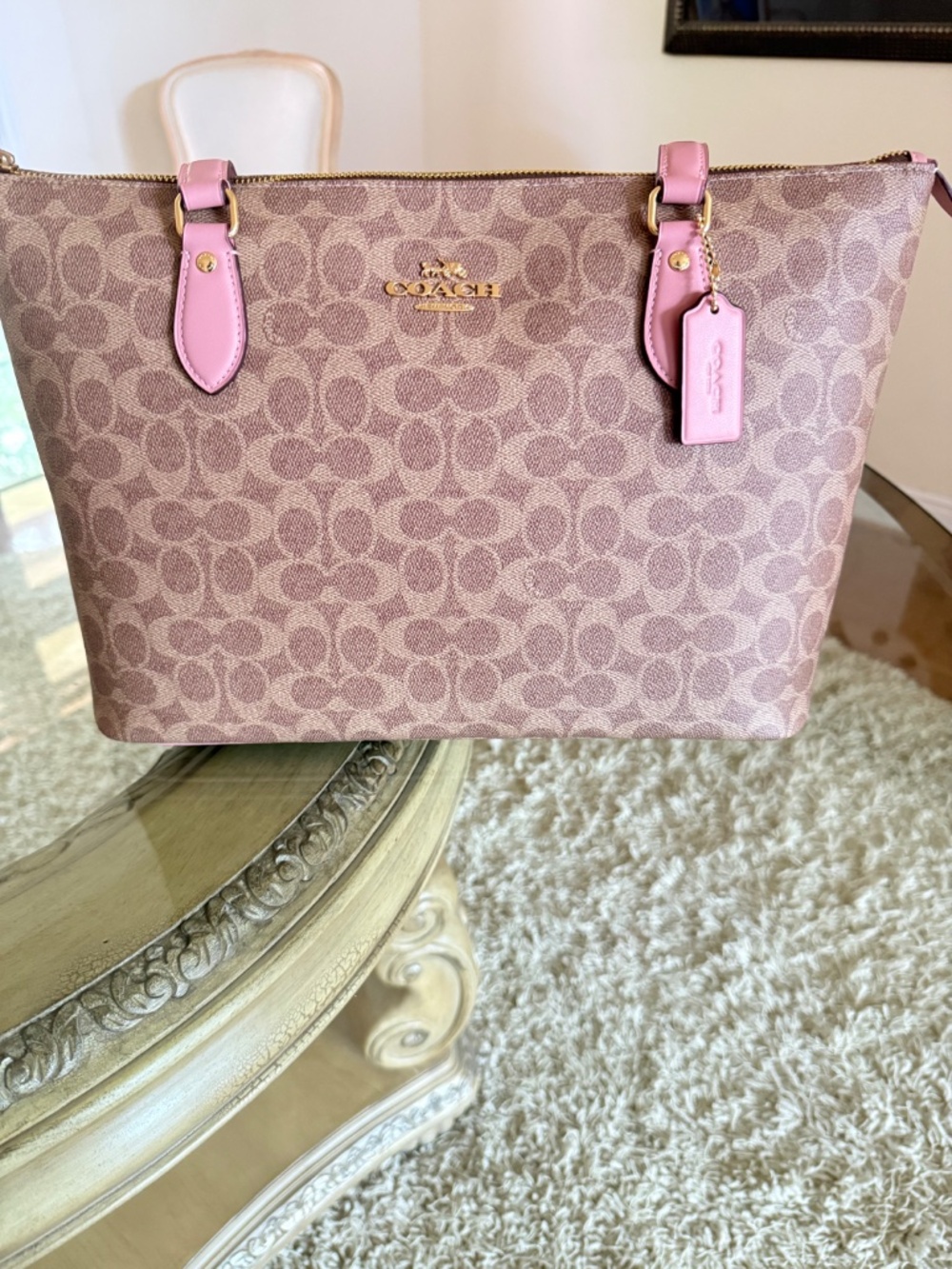Coach Gallery Tote Khaki Pink Signature Canvas Leather Bag NEW - Picture 4 of 13